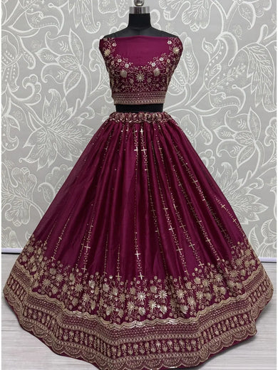 Fabulous Burgundy Zari Work Satin Wedding Lehenga Choli With Dupatta - Ethnic Plus In